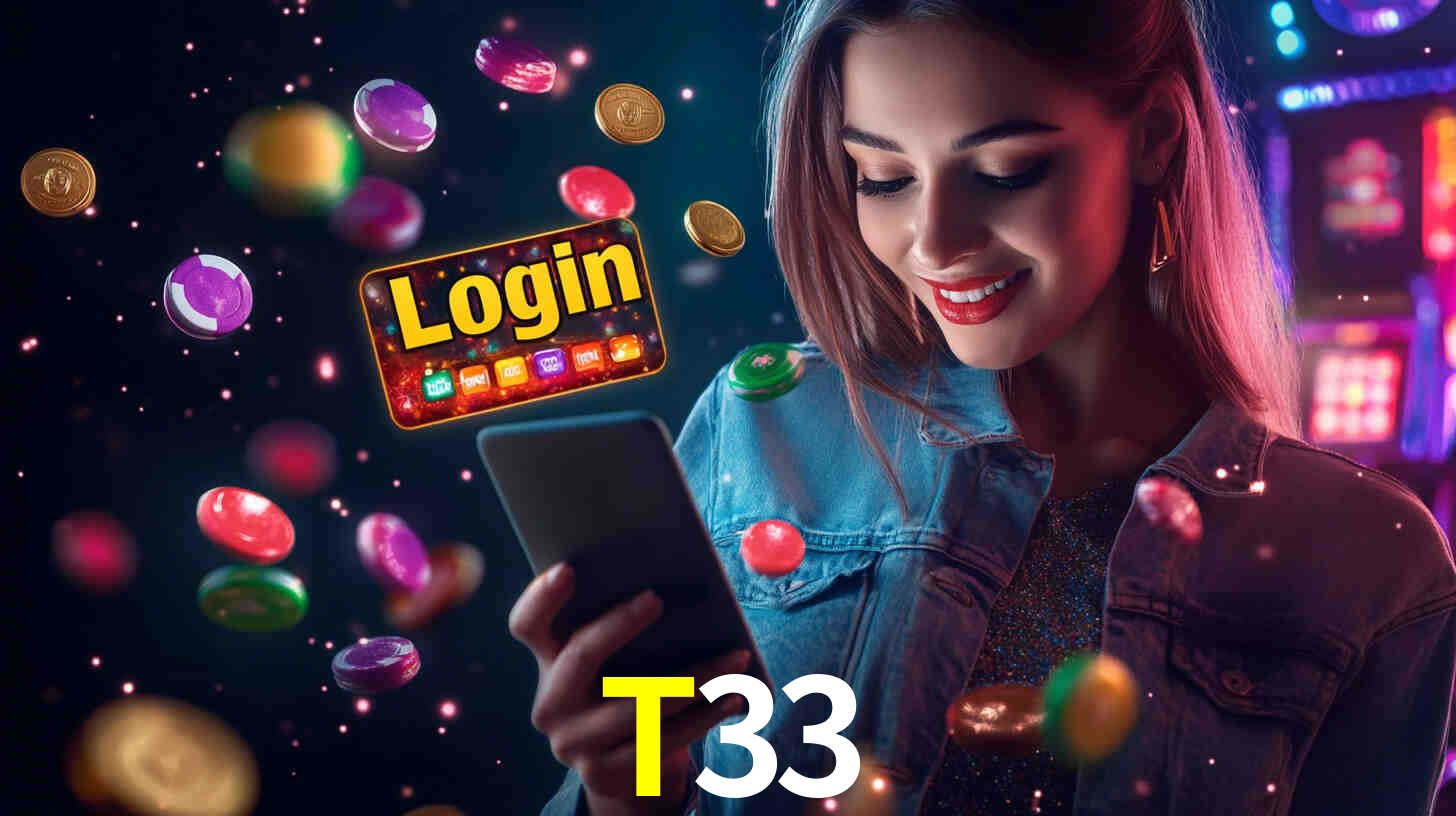 Escena dinámica inspirada en casino con iluminación T33, cartas, fichas e íconos de juegos digitales en un espacio moderno de juegos.