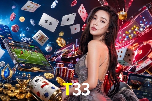 Una escena digital vívida inspirada en casino con T33 mostrado prominentemente, luces brillantes, fichas, cartas y acentos dorados.