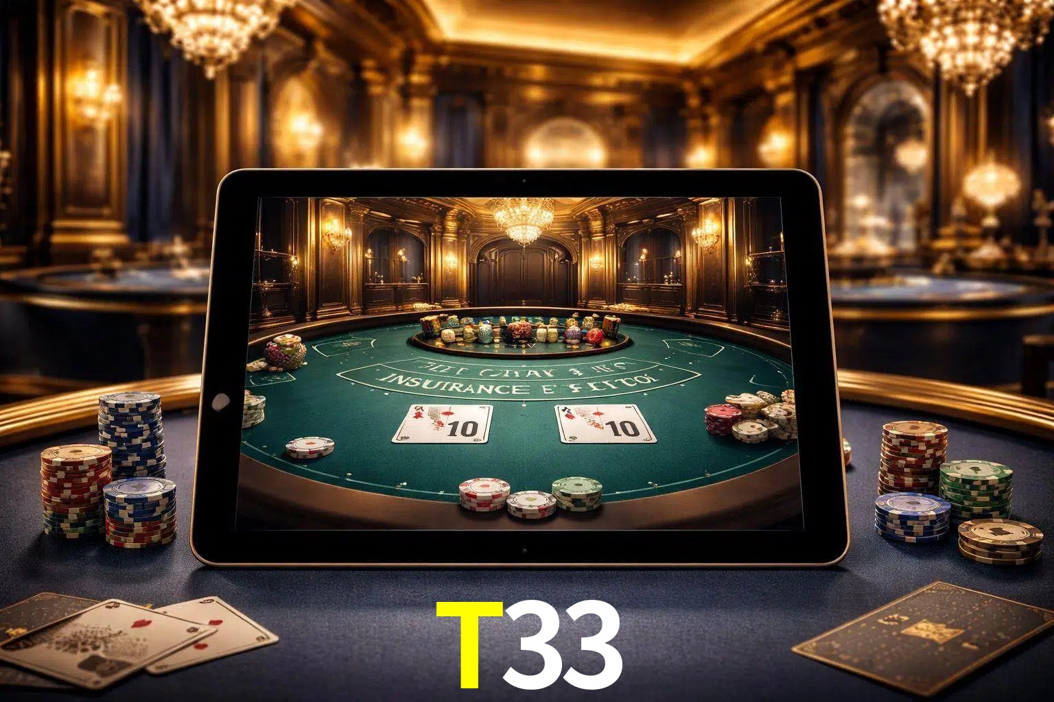 Configuración moderna de casino en vivo con una tableta mostrando una mesa de blackjack, luces cálidas de estudio y una atmósfera elegante de juegos digitales.