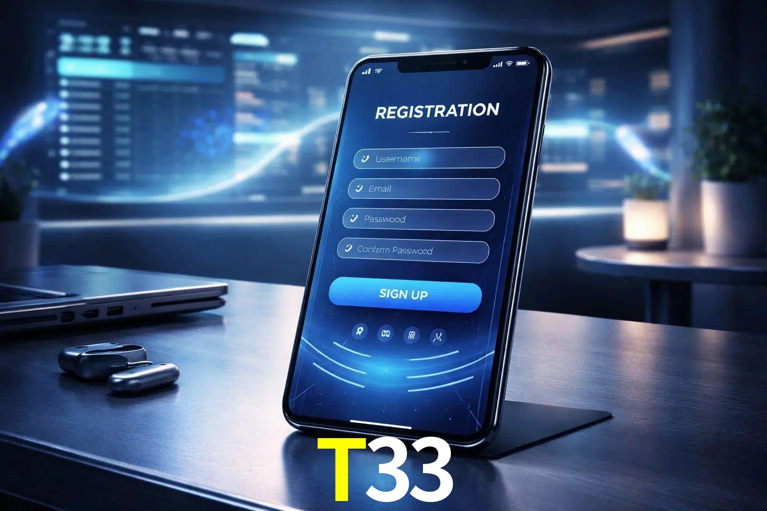 Una interfaz moderna de registro móvil para T33 mostrada en un smartphone con un panel de apuestas elegante.